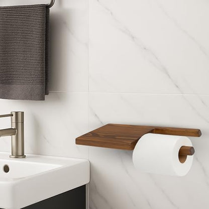 Wooden Paper Toilet Holder with Shelf | Wall-Mounted Tissue Rack | Screwing System Can Be Placed on Left Side | Walnut | 11.81x4.72x0.79 in (Left Side) - size: Left Side