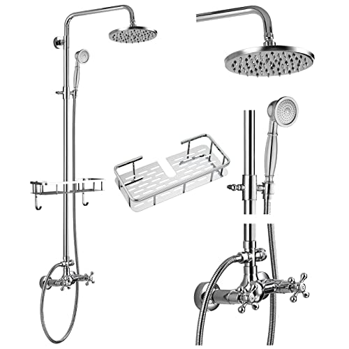 gotonovo Exposed Shower System with Shelf 2 Cross Handle Polished Chrome | Bathroom Brass Shower Faucet Set,8’’ Rainfall Head with Handheld Sprayer,SUS304 Shelf,6’’ Hole Distance,Adjustable Height - color: Chrome
