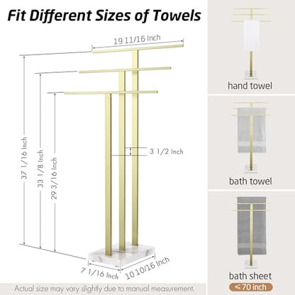 KES 3-Tier Freestanding Towel Rack with Marble Base, 36" Tall, Brushed Gold | Weighted Base Prevents Tipping, Anti-Slip Pads, No-Drill Assembly, Fits Bath Sheets And Hand Towels, For Humid Bathrooms - color: Gold