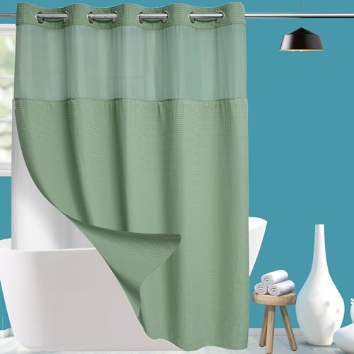 Conbo Mio Extra Long No Hook Sage Green Waffle Weave Shower Curtain with Snap in Liner Set, Hotel Luxury Shower Curtains for Bathroom with See Through Top Window, Waterproof, Washable 71W x 84H - color: Sage Green Style, size: 71"W x 84"L (Pack of 1)