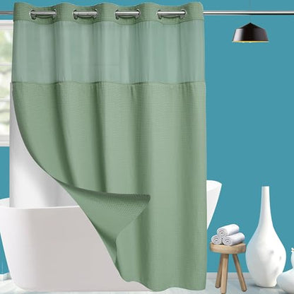 Conbo Mio Extra Long No Hook Sage Green Waffle Weave Shower Curtain with Snap in Liner Set, Hotel Luxury Shower Curtains for Bathroom with See Through Top Window, Waterproof, Washable 71W x 84H - color: Sage Green Style, size: 71"W x 84"L (Pack of 1)