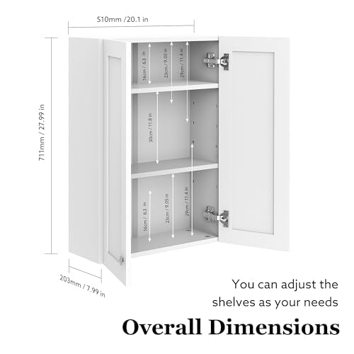 Bathroom Cabinet Wall Mounted Over Toilet Storage Cabinet 20x28 inch White Medicine Cabinets for Wall Mount Space Saver Bathroom Storage Cabinet with 2 Adjustable Shelves & 2 Doors