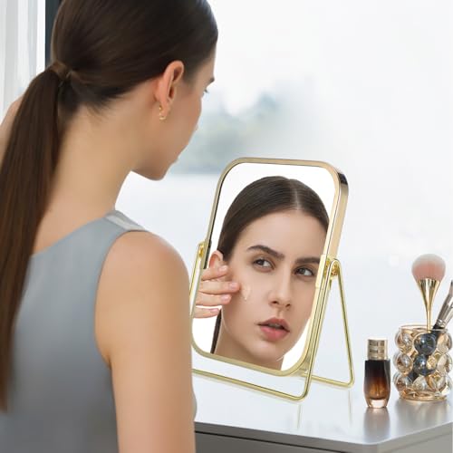 Mipcase Dual-Sided 7.87x6.10x2.71In Swivel Vanity Mirror – 1X & 2X Magnification for Precise Eyebrow Shaping, 360° Rotation for Bathroom, Bedroom, Dresser