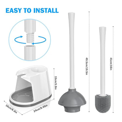 Toilet Plunger and Brush Set, Bowl Brush and Heavy Duty Toilet Plunger with Ventilated Holder, 2-in-1 Toilet Brush and Plunger Combo for 5.3-inch Toilet Drain Bathroom Deeply Cleaning(White & Grey) - color: White & Grey01