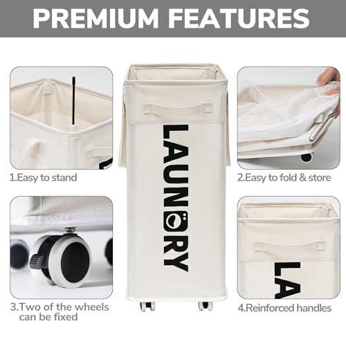 Goodpick 75L Hamper with Wheels & Wash Bag, College Dorm Room Essentials | Clothes Hamper with Removable Wash Bag for Laundry Room, Large Rolling Laundry Basket with Handles, White - color: White 1-Pack