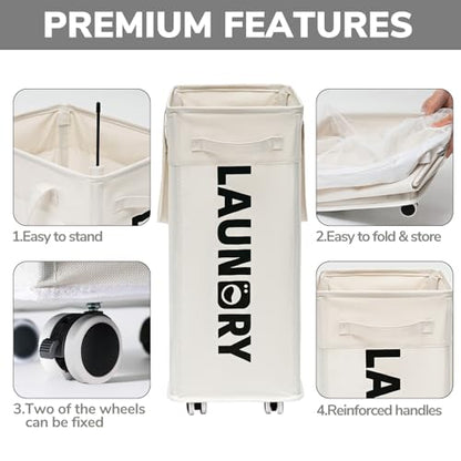 Goodpick 2-Pack Hamper with Wheels & Wash Bag, College Dorm Essentials,75L | Clothes Hamper with Removable Wash Bag for Laundry Room, Large Rolling Laundry Basket with Handles, White - color: White 2-Pack