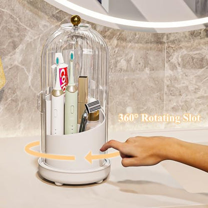 Drainable Toothbrush Toothpaste Holders with Cover, Transparent | Drainage Holes, Waterproof and Dustproof, 360° Rotating Base, Sliding Door, for Bathroom Counter - color: Transparent