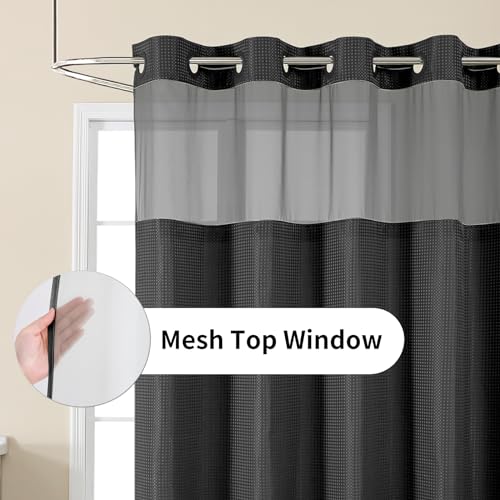Colorful Star No Hook Waffle Shower Curtain with Snap in Fabric, Waterproof Shower Curtains with See Through Top Window, Hotel Luxury Heavy Duty Bathroom Curtain and Liner Set, 72'' x 75'', Black - color: Black, size: 72"W x 75"L (Pack of 1)
