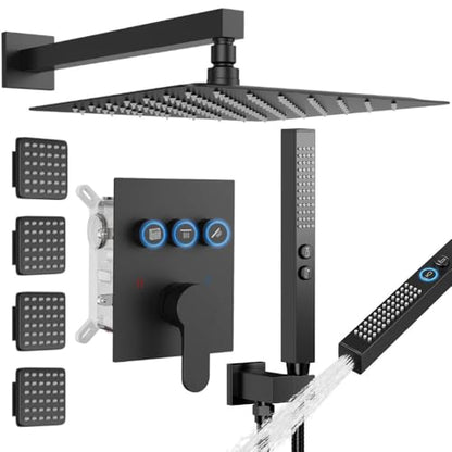 STARBATH Shower System with 4 Body Jets, 12" Wall Mounted Rain Shower System with Handheld Spray, Can Use All at Once, Push Button Complete Shower Faucets Sets with Valve and Trim Kit,Matte Black - color: Matte Black, size: 12"-04