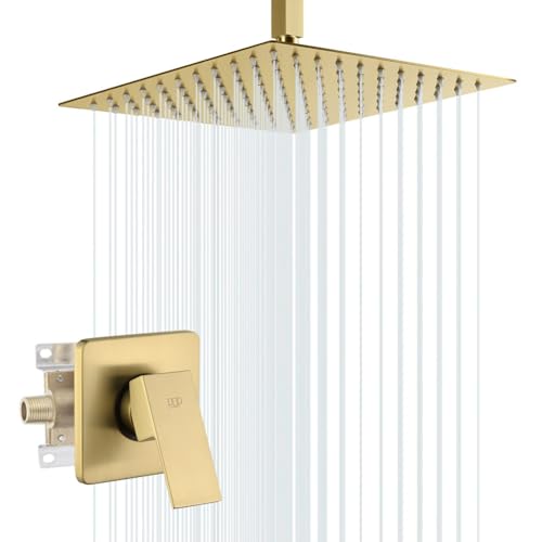 Ceiling Mount Shower Faucet Set Brushed Gold Bathroom Rainfall 10 Inch Shower Head System Single Handle Shower Trim Kit with Valve - color: Brushed Gold, size: 10 Inch (Ceiling Mount)