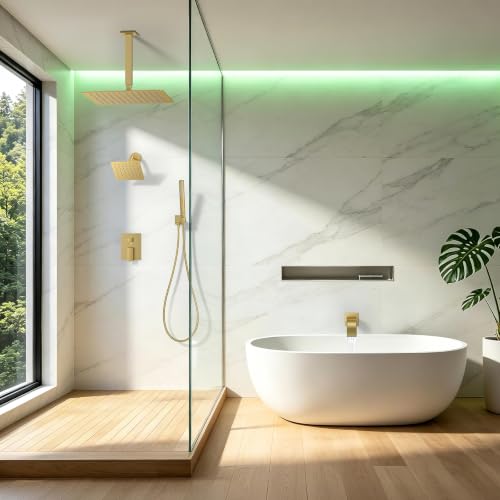 Rain Shower System with Rough-in Valve, Ceiling Mount Shower Faucet Set with 12" & 6" Dual Rain Shower Heads, 2-in-1 Handheld Shower, Tub Spout, 4-Function Complete Shower Fixture,Brushed Gold - color: Brushed Gold, size: Ceiling Mount-12"+6" head with Tu
