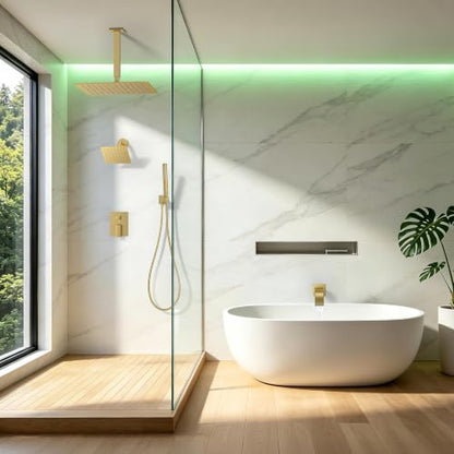Rain Shower System with Rough-in Valve, Ceiling Mount Shower Faucet Set with 12" & 6" Dual Rain Shower Heads, 2-in-1 Handheld Shower, Tub Spout, 4-Function Complete Shower Fixture,Brushed Gold - color: Brushed Gold, size: Ceiling Mount-12"+6" head with Tu