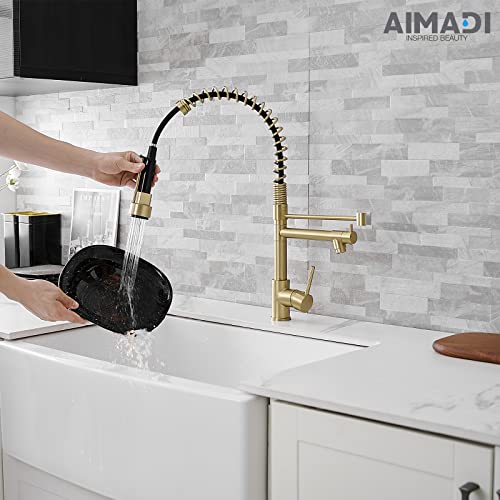Brushed Gold Kitchen Faucet with Pull Down Sprayer, AIMADI Commercial Gold Kitchen Sink Faucet Single Handle Spring Two Nozzles Faucets - color: Brushed Gold, style: Contemporary