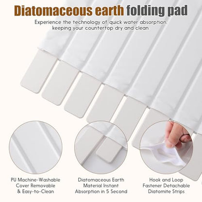 Dish Drying Mat，Stone Drying Mat for Kitchen Counter，Heat Resistant and Super Absorbent Foldable Bath mats,Made of Diatomaceous Earth and Leather.24.8"×15.7" White