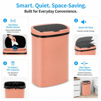 13 Gallon Kitchen Trash Can with Lid,Automatic Touchless Garbage Can for Kitchen,PP Plastic Motion Sensor Trash Can,Tall Large-Capacity Trash Bin,Hands-Free Smart Waste Bin for Home - color: Light Salmon