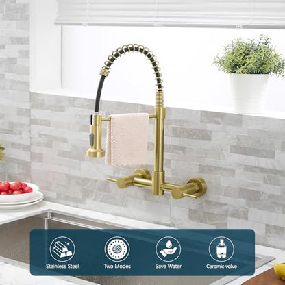 AIMADI Brushed Gold Kitchen Faucet,Wall Mount Faucet 8 Inch Center | 2 Handle Commercial Sink Faucet for Modern Kitchens Luxury Style - color: brushed gold