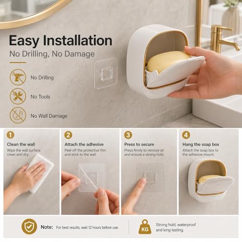 Wall Mounted Soap Holder with Drain Tray, 2 Pack Waterproof Soap Dish with Flip Lid, Self Draining Soap Bar Holder for Shower, Bathroom & Kitchen