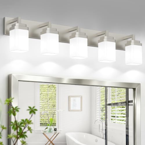 Brushed Nickel Bathroom Light Fixtures, Modern Vanity Lights with White Glass Lamp Shade, Bathroom Lighting Fixtures Over Mirror, Restroom Vanity Lighting Fixture, 5-Light 36 Inch - color: Nickel, size: 5-Light