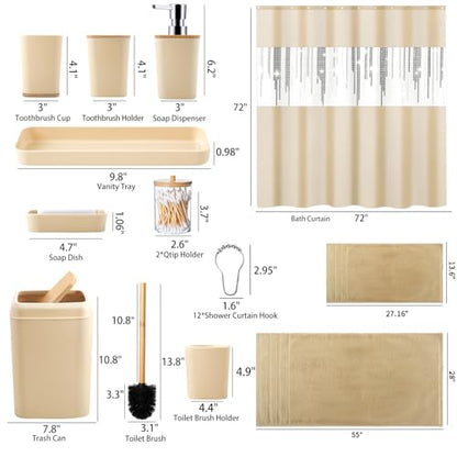 Beige Bathroom Accessories Set with Sequin Shower Curtain Beige Bathroom Decor with Trash Can,Toothbrush Holder, Toothbrush Cup,Soap Dispenser, Tray, Soap Dish,Toilet Brush - size: Bath Set+Shower Curtain+Towel Set, style: Beige