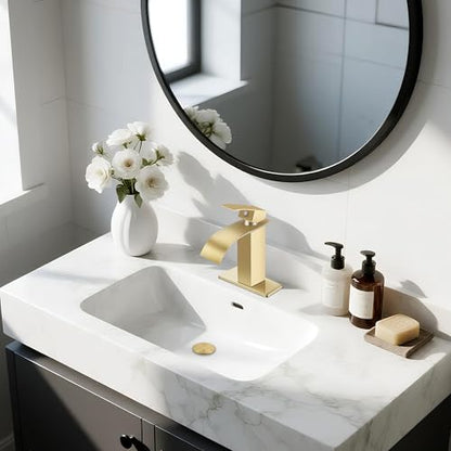 Brushed Gold Bathroom Faucets, Waterfall Bathroom Sink Faucet | Single Handle, Stainless Steel, Vanity Faucet with Deck Plate, Pop-up Drain, For 1 or 3 Hole, RV, Farmhouse - color: A-Brushed Gold