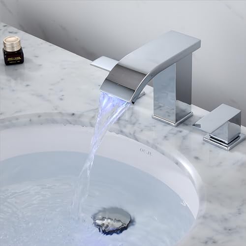 Bathroom faucets 3 Hole Widespread LED Light Bathroom Sink Faucet 8 inch Modern Bathroom Waterfall 3 Hole Vanity Chrome Faucet with Pop Up Drain(Chrome) - color: Chrome