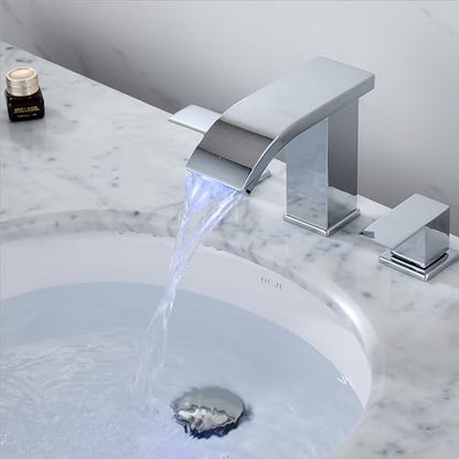 Bathroom faucets 3 Hole Widespread LED Light Bathroom Sink Faucet 8 inch Modern Bathroom Waterfall 3 Hole Vanity Chrome Faucet with Pop Up Drain(Chrome) - color: Chrome