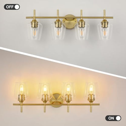foucasal Bathroom Light Fixtures 4-Light Gold Bathroom Vanity Light | Win Glass Clear Shade, Modern Wall Lights for Bathroom Bedroom Hallway Living Room (Gold, 4-Light) - color: Gold & Clear E26, size: 4-light