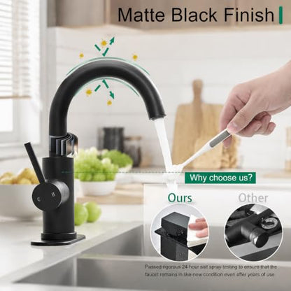 VOTON Bar Sink Faucet Matte Black Modern One Hole Bathroom Kitchen Faucets | 360° Rotatable Faucet | Small Mini Kitchen Faucet | Bathroom Vanity Lavatory Faucets | Lead-free SUS304 Faucet - color: Matte Black
