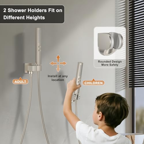 Rain Shower System 12" & 6" Dual Shower Heads, Wall Mount Shower Faucet Set | Ideal for bathroom remodels and upgrades with 12" rain shower, 6" angled shower, handheld spray and complete valve kit. - color: Brushed Nickel, size: Wall Mounted - 12"+6" Show