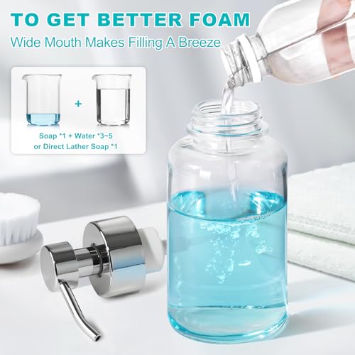 Foaming Soap Dispenser, 14.1 oz/400ml Foaming Hand Soap Dispenser, 2 Pack Glass Foaming Dispenser for Bathroom & Kitchen, Clear Refillable Liquid Dispenser Bottle with Waterproof Labels - color: Clear Bottle+silver Pump