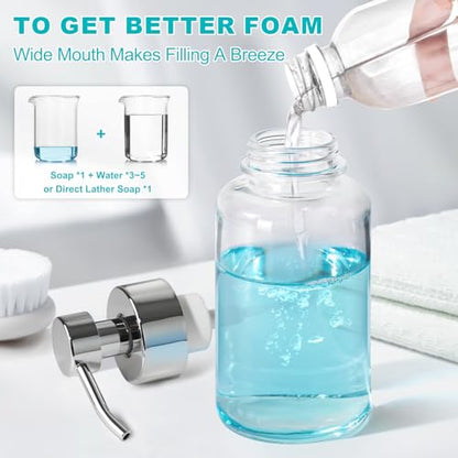 Foaming Soap Dispenser, 14.1 oz/400ml Foaming Hand Soap Dispenser, 2 Pack Glass Foaming Dispenser for Bathroom & Kitchen, Clear Refillable Liquid Dispenser Bottle with Waterproof Labels - color: Clear Bottle+silver Pump