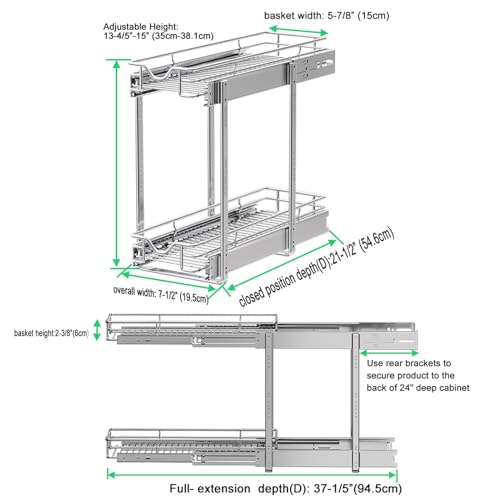 DINDON Pull Out Cabinet Organizer (7-1/2" W x 21-1/2"D), Cabinet Pull Out Shelves, 2 Tier Pull Out Drawers for Kitchen Cabinets, Wire Basket Slide Out Shelf for Cabinet Organization - size: 7-1/2" W X 21-1/2" D