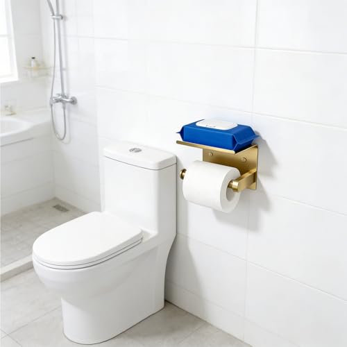Brushed Gold Toilet Paper Holder Wall Mount, NEWRAIN Rustproof Toilet Tissue Holder with Phone Shelf, Stainless Steel Adhesive Toilet Roll Holder for Bathroom, Washroom, Kitchen, RV - color: Brushed Gold, style: Single