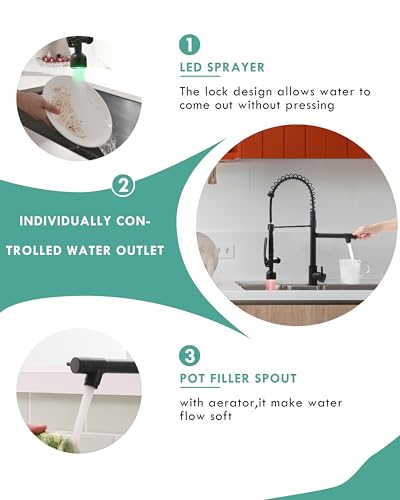 Fapully Black Kitchen Faucet with Pull Down Sprayer,Commercial LED Kitchen Faucet,Single Handle Single Hole Kitchen Sink Faucets - color: Matte Black, style: Modern