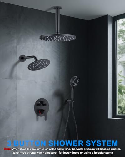 Woindo Shower System with Pressure Balance Valve, 10" Ceiling Mount Shower Faucet Set with 2 Rain Shower Head And Multi-function Handheld Head Push Button Diverter Pressure Balancing Valve Kit - color: Matte Black, style: 10"-Round