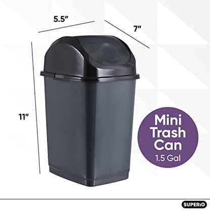 Superio Mini Plastic Trash Can with Swing Top Lid 1.25 Gallon Compact Small Waste Bin Portable Garbage Can for Countertop, Desktop, Make up Vanity, Bathroom, Car, Under Sink, Dorm,(Grey) - size: 1.25 Gallon, style: 1 Pack