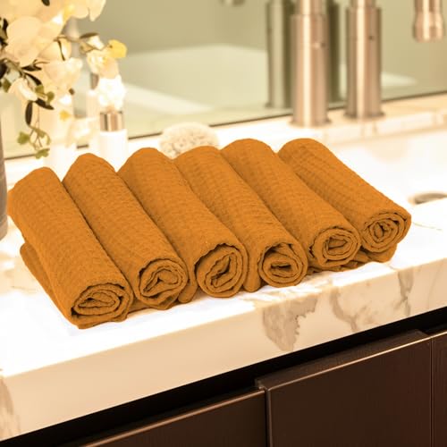 Encasa XO' Waffle Weave Face & Hand Towels – 12"x12", Gold Washcloths Set of 6 – Quick Drying for Bathroom, Gym, Kitchen & Travel – Small Reusable Dish Cloths & Face Wipes for Everyday Use - color: Gold, size: 12x12 in (Set of 6)