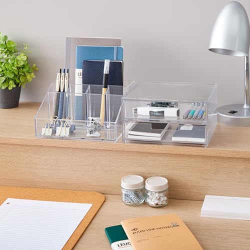 STORi Stackable Desk and Drawer Organizer, Clear Pen Pencil Makeup Brush Holder for Desktops and Vanities, 6 Compartment Caddy with 2 Wide Drawers (Made in USA) - style: Organizer & Drawer Set