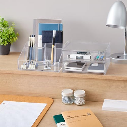 STORi Stackable Desk and Drawer Organizer, Clear Pen Pencil Makeup Brush Holder for Desktops and Vanities, 6 Compartment Caddy with 2 Wide Drawers (Made in USA) - style: Organizer & Drawer Set