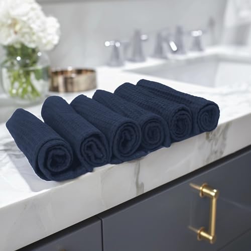 Encasa XO' Waffle Weave Face & Hand Towels – 12"x12", Navy Washcloths Set of 6 – Quick Drying for Bathroom, Gym, Kitchen & Travel – Small Reusable Dish Cloths & Face Wipes for Everyday Use - color: Navy, size: 12x12 in (Set of 6)