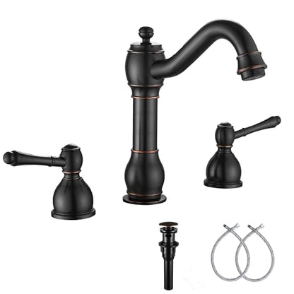 2 Handles 3 Holes Faucet Widespread Bathroom Sink Faucet Basin Tap Mixer Supply Hose Included Matching Pop Up Drain Oil Rubbed Bronze - color: Oil Rubbed Bronze, size: Widespread