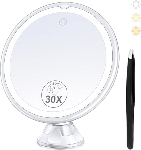 Magnifying Mirror with Light 30X, Lighted Makeup Mirror 30X for Precision Makeup, 3 Color Modes and Adjustable Brightness, 360° Swivel Magnifying Mirrors Suction Cup for Bathroom 8 Inches - color: White-3aaa