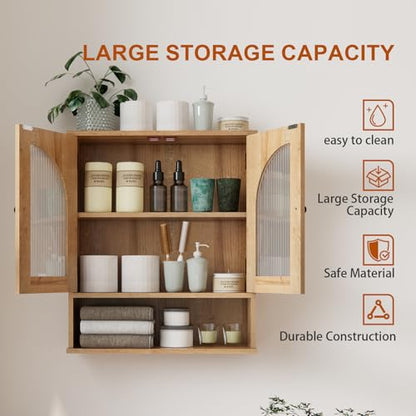Bathroom Cabinet Wall Mounted with Tempered Glass Doors,Wooden Medicine Cabinet with Adjustable Shelf Open Shelf,Over Toilet Space Saver Storage Cupboard Natural Oak - color: Natural Oak
