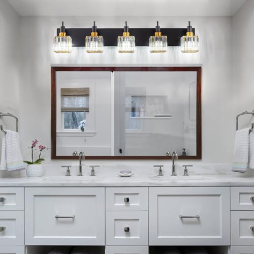 Modern Crystal Bathroom Vanity Light Black Gold 5-Lights Bathroom Lighting Fixtures Over Mirror, Brass Wall Light Fixtures - color: Black Gold-Square Shade, size: 5-Light