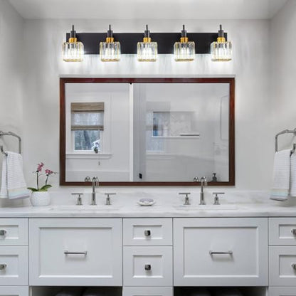 Modern Crystal Bathroom Vanity Light Black Gold 5-Lights Bathroom Lighting Fixtures Over Mirror, Brass Wall Light Fixtures - color: Black Gold-Square Shade, size: 5-Light