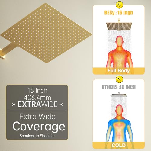 16 In Rain Shower Head High Pressure Rainfall Shower Head Brushed Gold | Square Rain Bathroom Showerhead, High Flow, Large Stainless Steel, Ceiling Mounted, Wall Mounted, Waterfall Full Body - color: Brushed Gold, size: 16 Inch
