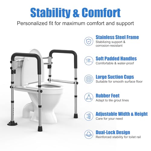 Upgraded Toilet Safety Rails 380LBS, Stainless Steel Toilet Rail Frame, Adjustable Stand Alone Toilet Support with Non-Slip Grips & Suction Cups,Tool-Free Assembly, Fits for Elderly/Disabled