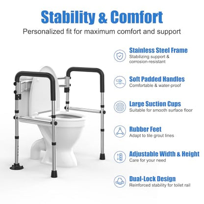 Upgraded Toilet Safety Rails 380LBS, Stainless Steel Toilet Rail Frame, Adjustable Stand Alone Toilet Support with Non-Slip Grips & Suction Cups,Tool-Free Assembly, Fits for Elderly/Disabled