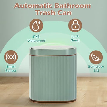 ELPHECO Bathroom Trash Can with Automatic Lid, 2 Gallon, Sage Green Gold | Motion Sensor Wastebasket, Smart Garbage Can, IPX5 Waterproof Slim Trash Bin for Office, Kitchen and Bathroom - color: Green Brown