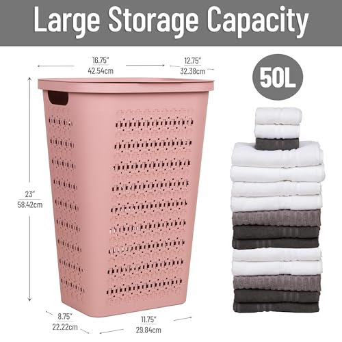 Mind Reader Slim Tapered Laundry Hampers with Lid, Clothes Basket with Swiss Cross Cut-Outs, Lightweight & Ventilated, Plastic, Set of 2, Pink - color: Pink